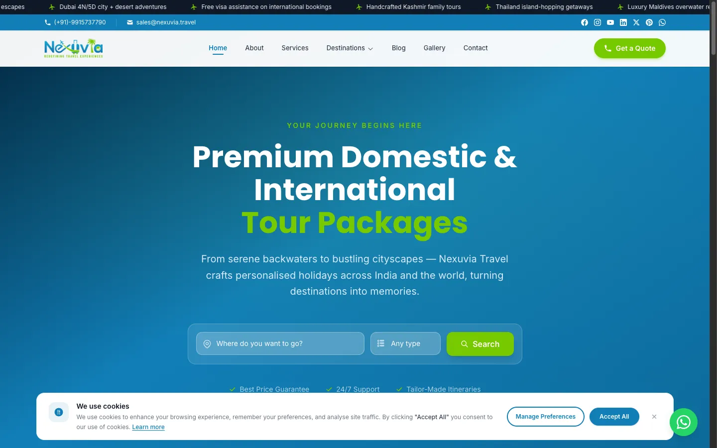 Nexuvia Travel homepage